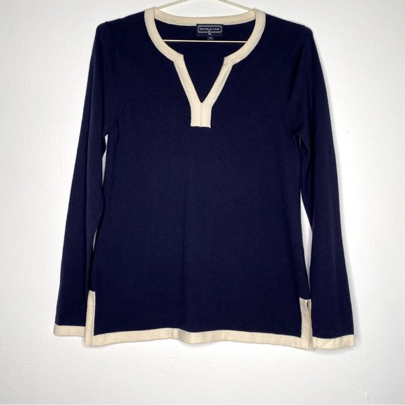 Duffield Lane Sweaters - Duffield Lane Cashmere Navy & Cream Leighton Tunic Sweater, Size Small